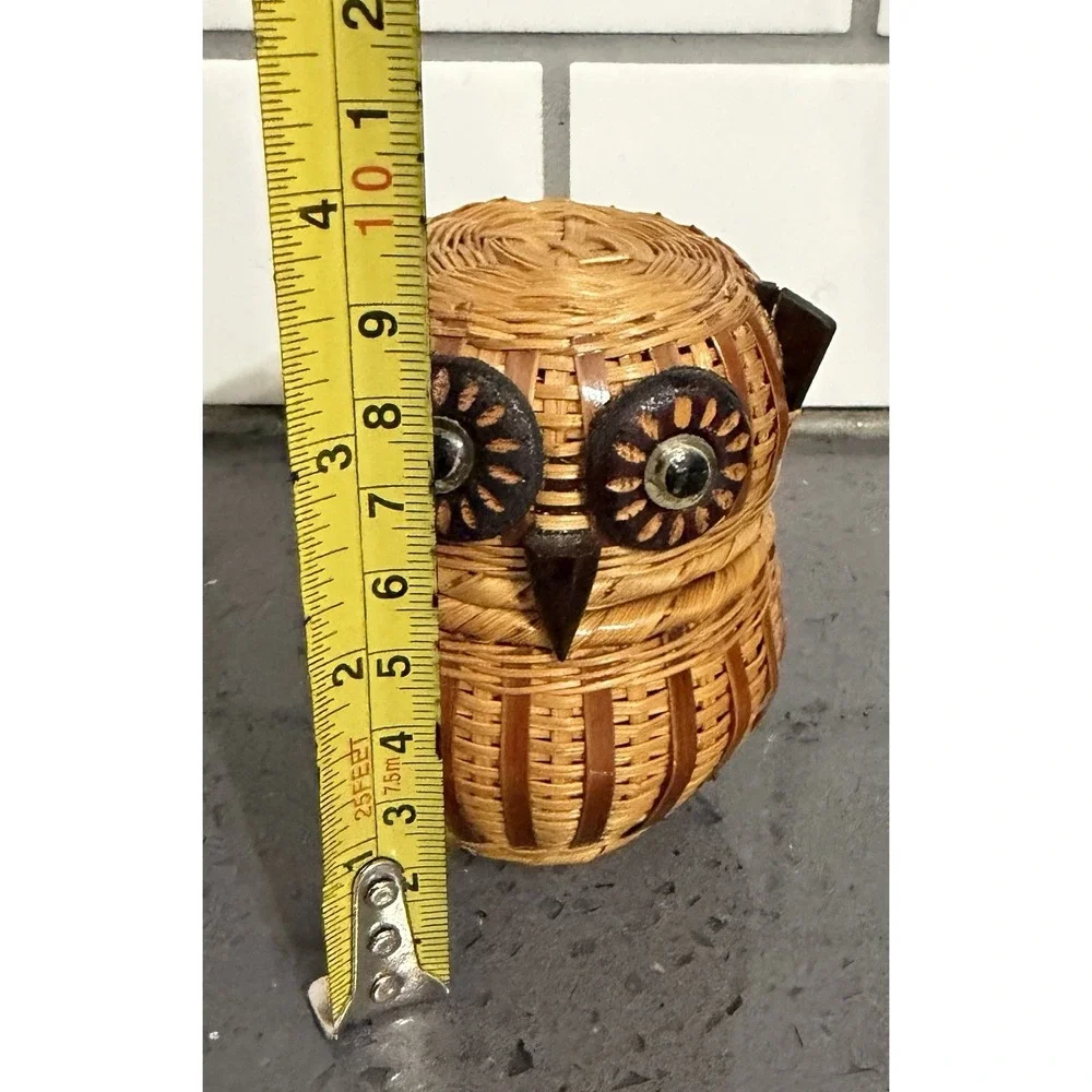 Vtg‎ Wicker Owl Basket Trinket Box Opens Brown Basket w/Lid